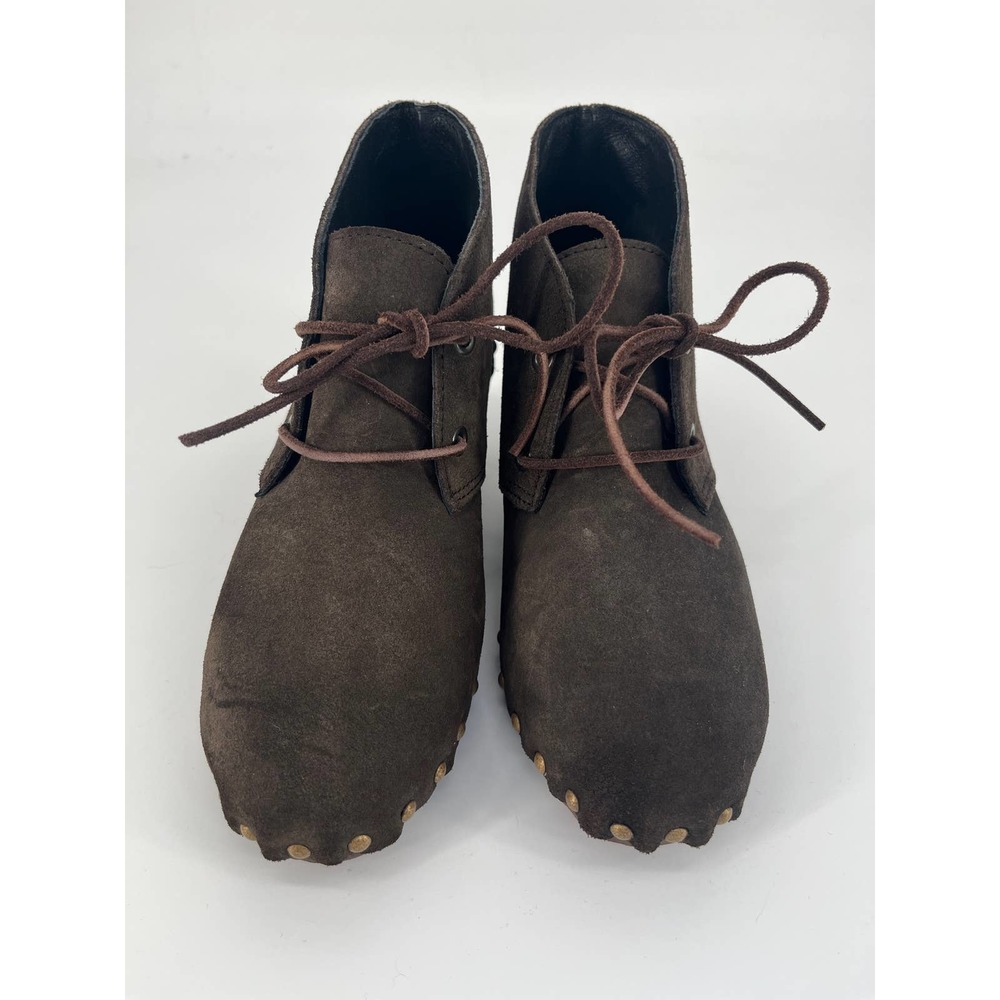 Bosabo Women's Clog Booties Sz 8 Brown Suede Leather Wooden Sole Lace Up Shoes